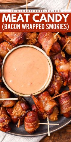 Indulge in the perfect combination of sweet and smoky with this Bacon Wrapped Weenies recipe! These bite-sized treats are the BEST holiday appetizers. This meat candy recipe is a crowd-pleasing New Year's eve food idea that’s sure to wow your guests! Brunch Food Menu Ideas, Cocktail Wieners Wrapped In Bacon, Valentines Day Party Food Dinner, Bacon Wrapped Smokies Oven, Meat Based Appetizers, Bacon Wrapped Smokies With Brown Sugar, Bacon Wrapped Smokies Crockpot, Lil Smokies Wrapped In Bacon, Brown Appetizers