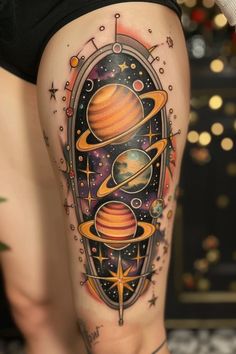 a woman's thigh with an image of saturn and the planets on her leg