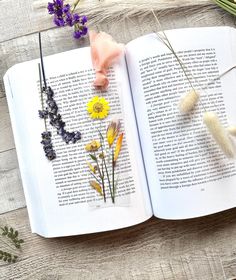 an open book with dried flowers on it and some hair clips attached to the pages