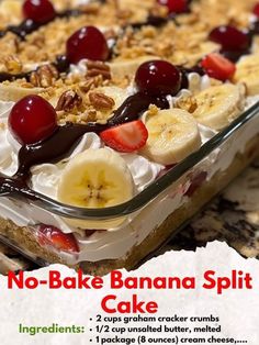 no bake banana split cake with cherries and nuts