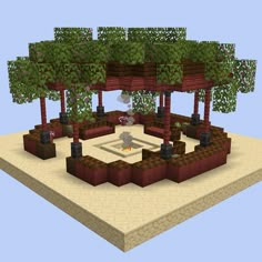 a low poly model of a living room with couches and trees in the background