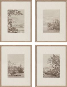 four framed pictures with trees and water in the background, one is black and white