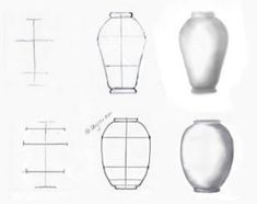 four different types of vases are shown in this drawing form, with lines drawn across the top and bottom