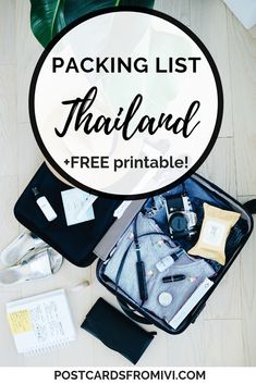 packing list in thailand with free printables on the top and bottom, along with other items