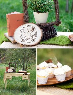 the table is decorated with cupcakes and books