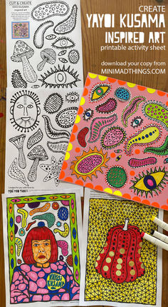 three different coloring pages with the words yayoi kusama inspired art on them