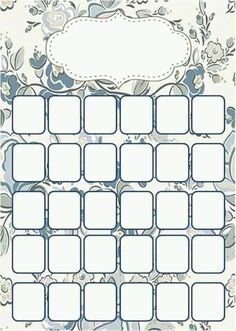 a blue and white floral design calendar with blank space for notes or reminders on it