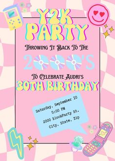 a birthday party flyer with an image of a cell phone and other items on it