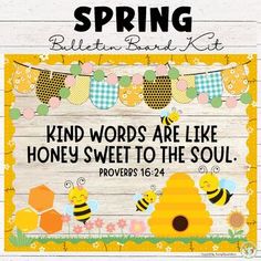 a wooden sign that says, spring bulletin board kit with bees and honeycombs