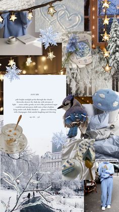 a collage of photos with blue and white decorations, snowflakes, and birds