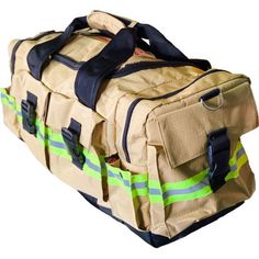 a fireman's bag with reflective stripes on the side and straps around it