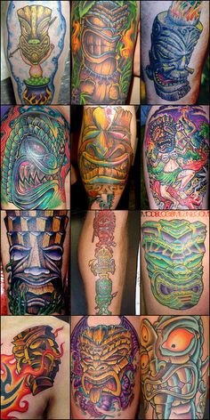 many different colored tattoos on the back of men's legs and arms, all with various