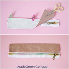 two pictures showing how to make a zipper pouch