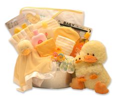 a baby gift basket with a ducky toy