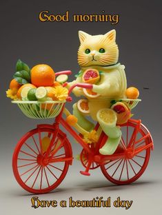 a cat riding on the back of a bike with fruit in it's basket