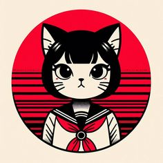 a black and white cat wearing a sailor's outfit in front of a red circle