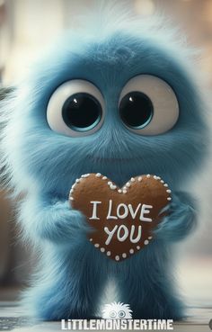 a blue furry animal holding a heart with the words i love you written on it