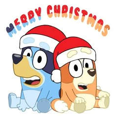 two cartoon dogs wearing santa hats and sitting next to each other with the words merry christmas