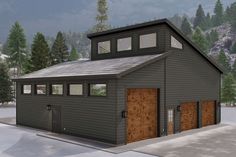 a two story garage with windows and a loft on the top floor is shown in this rendering