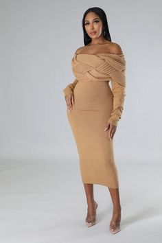 The Sasha dress is a long sleeved midi length, stretch dress featuring braided off the shoulder detailing. Dres has No closure. Model is wearing a small. Height: 5.5”, Waist: 27”, Hips: 42” 60% Cotton, 40%Acrylic Knit Sweater Dress Outfit, Sweater Dress Outfit Winter, Dress Off Shoulder Long, Body Con Dress Outfit, Modesty Outfits, Classy Winter Outfits, Sweater Dress Outfit, Dresses Casual Fall, Evening Gowns Elegant