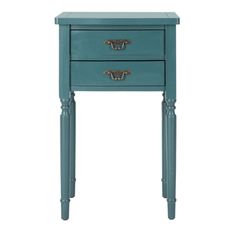 a small blue table with two drawers on one side and an open drawer on the other