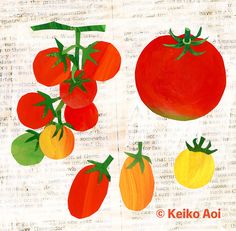 an illustration of tomatoes and other vegetables on top of a sheet of paper with music notes in the background