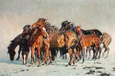 a painting of horses standing in the snow