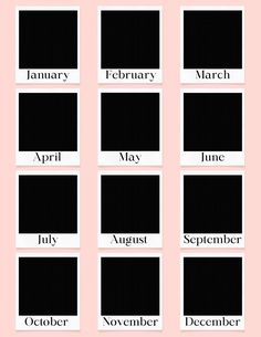 months of the year with black and white squares on pink background, in different sizes