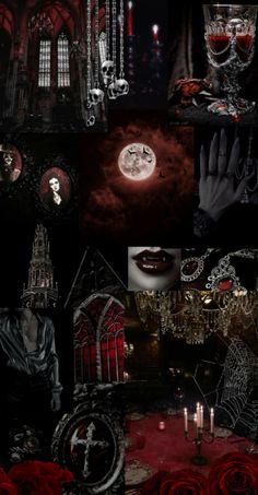 a collage of images with red roses and black gothic clothing on them, including hands,