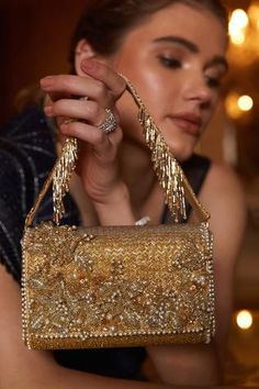 Shop for Lovetobag Esme Flapover Clutch With Handle Online at Aza Fashions Gold Purse Outfit, Ethereal Classic, Glittery Jewelry, Gold Clutch Purse, Fancy Clutch, Charity Ball, Girl Prom, Gold Handbag, Purse Outfit