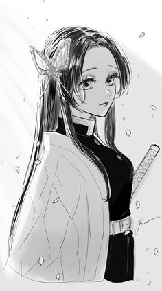 a drawing of a girl with long hair holding a knife in her hand and looking at the camera