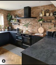 a kitchen with brick walls and black cabinets is pictured in this image, there are plants on the shelves above the stove