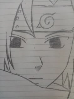 a drawing of an anime character with eyes drawn in pencil on lined paper, looking to the side