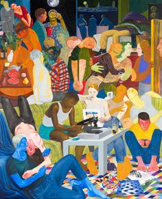 a painting of people playing chess in a room full of other people sitting around the table