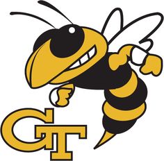 a bee with the letter g on it's chest and legs, flying through the air