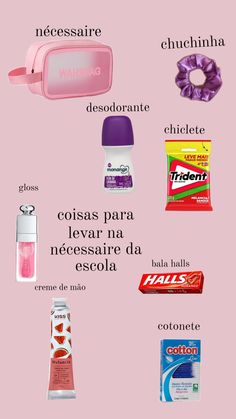 a pink poster with different types of items in spanish and english, including toothpaste