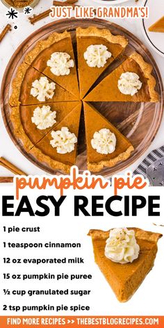 the recipe for pumpkin pie is shown in this advertisement