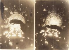 two images of hands reaching towards each other with lights in the background and stars on the ground