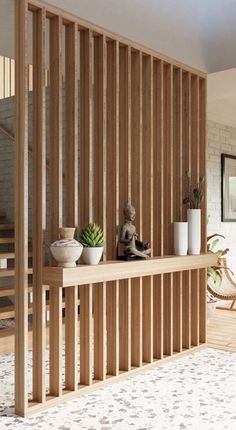 a living room filled with lots of furniture and plants on top of a wooden shelf