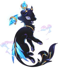 a black cat with blue and gold accents on it's head, standing in the air