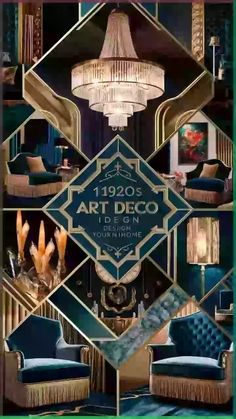 an art deco poster with blue chairs and chandeliers