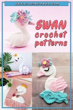 crochet patterns for swan and seahorses, with text overlay that says suan crochet patterns