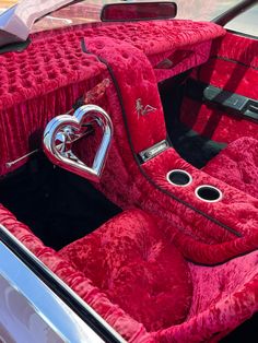 Lowrider 
Heart
Car interior 
Red
Pink
Classic car Red Lowrider, Red Convertible, Girly Car Accessories, Car Deco, Custom Car Interior