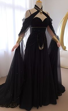 Dark Goddess Aesthetic Outfit, Dark Fae Dress, Royalty Outfits Dresses, Fantasy Villain Outfit, Fantasy Formal Wear, Nesta Dress, Dark Fantasy Outfits, Astronomy Outfit, Goddess Dress Black