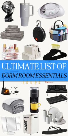 the ultimate list of dorm room essentials is shown in blue and white with text overlay