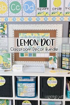 the lemon dot classroom decor bundle is displayed in front of a white bookcase with black baskets