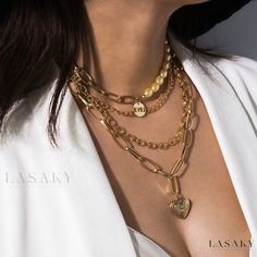 Lasaky - Vintage Chic Layered Necklace Chunky Pearls, Pearl Chain Necklace, Chunky Chain Necklaces, Multi Layer Necklace, Heart Pendant Gold, Retro Mode, Couple Jewelry, Neck Jewellery, Pearl Choker Necklace