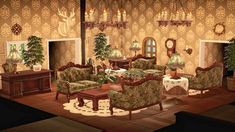 a living room with couches, chairs and tables in front of wallpapered walls