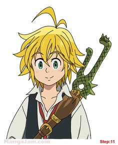 an anime character with blonde hair and green eyes holding a snake in his hand, while wearing