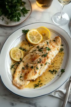 a white plate topped with fish covered in sauce and garnished with lemon slices